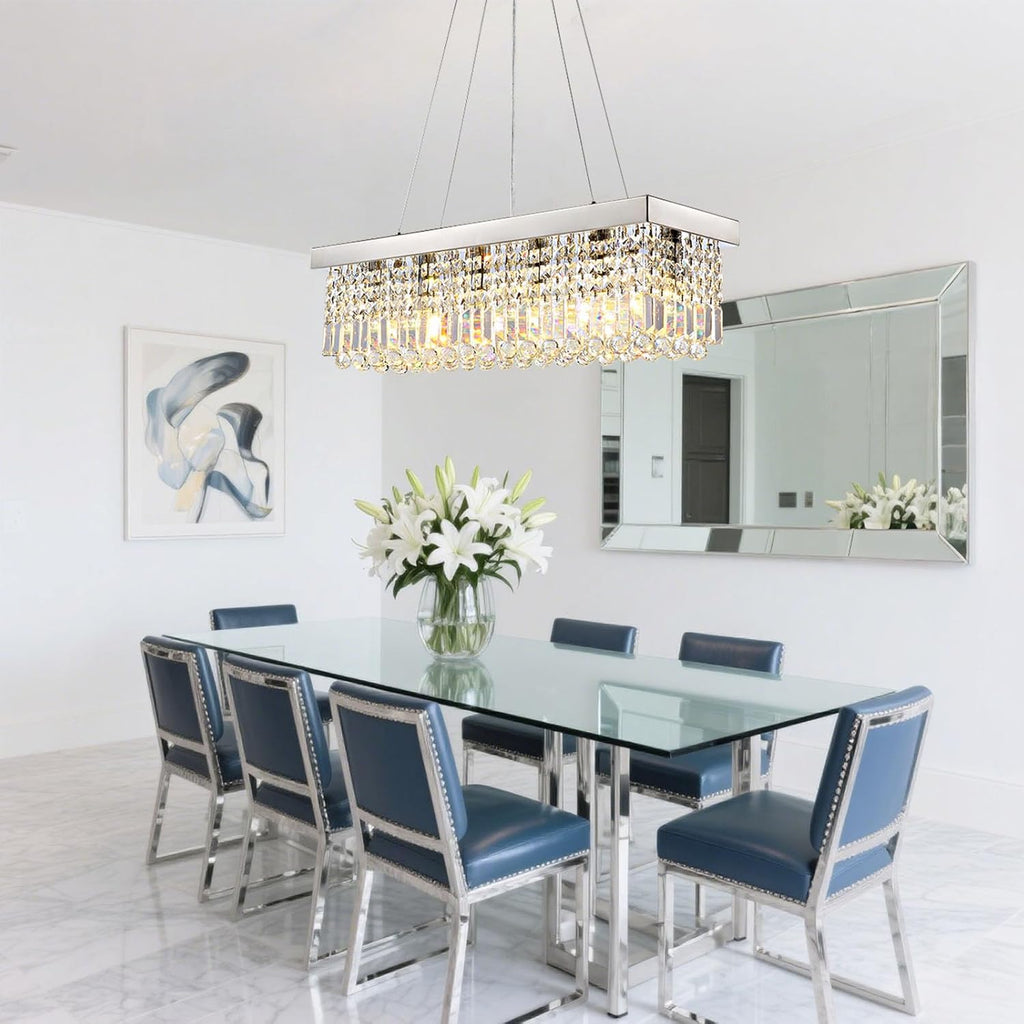 Modern Crystal Chandelier for Dining Room,6 Light K9 Crystal Rectangle Chandelier, Rectangular Pendant Ceiling Light Fixture for Living Room Kitchen Island L31.5''xW10''xH10''