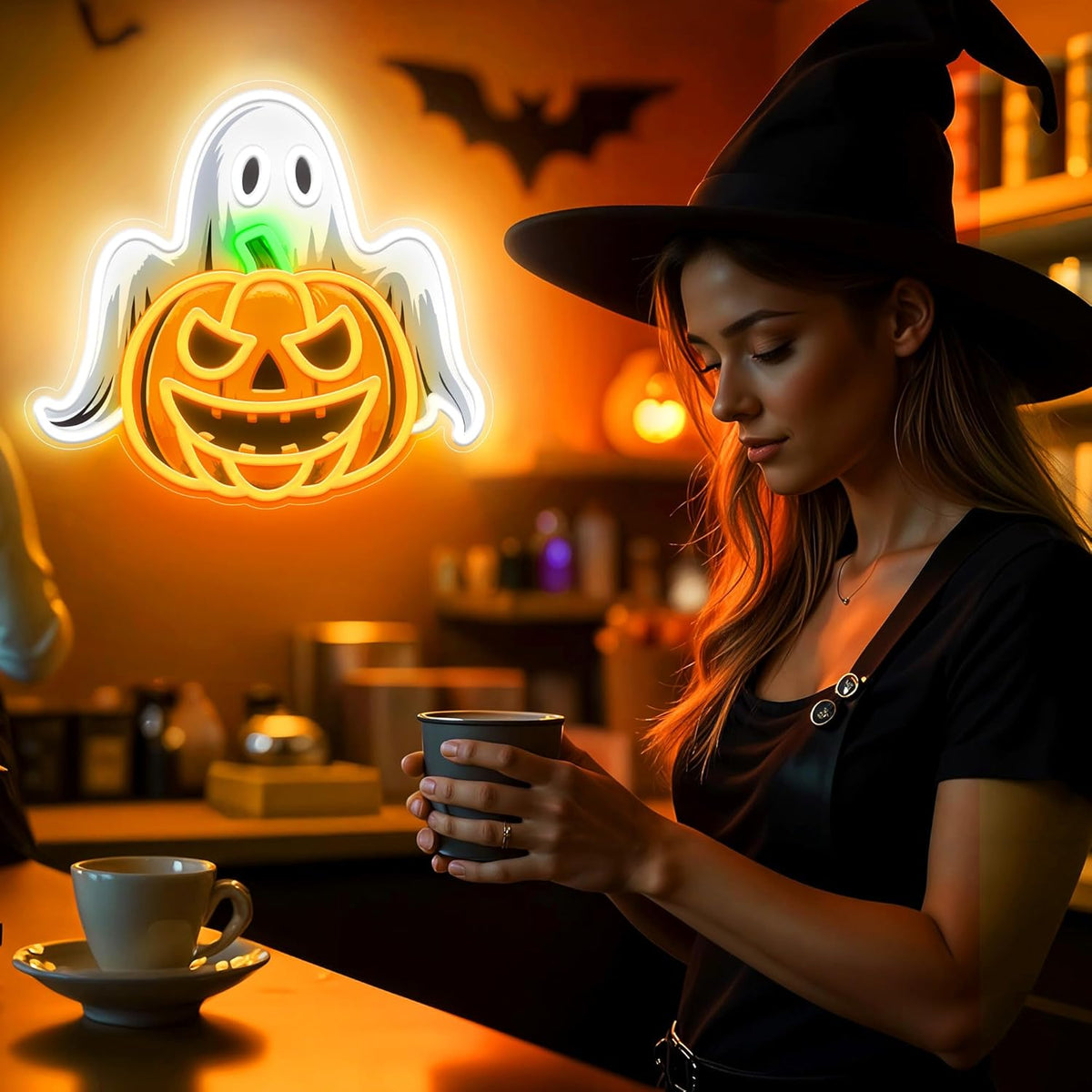 Spooky Glow Halloween Neon Signs for Wall Decor - Ghost & Pumpkin Led Neon Light Up Sign, Glow in Dark Indoor Decor for Porch Window Home Bar Party, Scary Halloween Decorations Gifts for Kids
