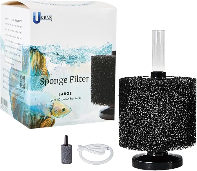 UNEAK Large Aquarium Sponge Filter Fish Tank Silent Filteration Breeding Fry Betta Shrimp Nano Tank Accessories Air Stone 4-inch Airline Tubing up to 40 Gallon