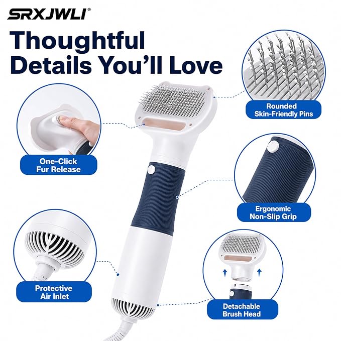 3 in 1 Pet Hair Dryers And Comb Brush High Velocity Blower for Dog Grooming | Portable Quiet Handheld Slicker with Steam Deshedding Intelligent Airflow System for Cats, Puppies and Professional(Blue)