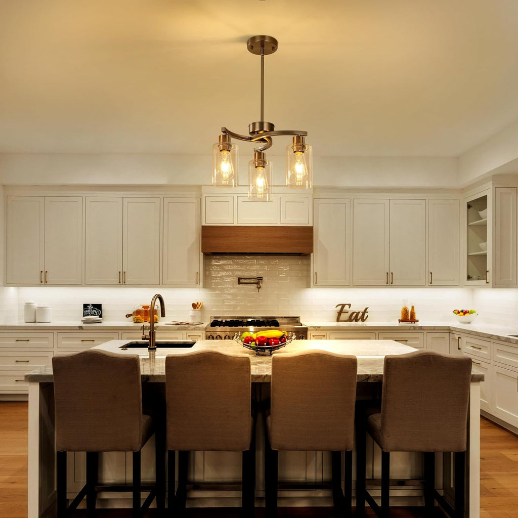 3-Light Brushed Nickel Dining Room Light Fixture,Modern Kitchen Chandeliers Over Table，Adjustable Height Industrial Hanging Pendant Lights for Kitchen Island with Glass Shade