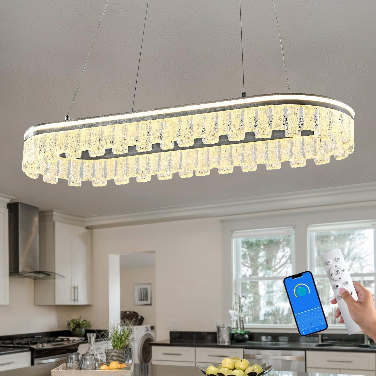 Modern Pendant Lights Kitchen Island, 35.5" Dimmable LED Elliptical Runway Light Fixture Silvery Gray Aluminum Bar Lights Hanging for Dining Room, Kitchen, Restaurant, Living Room