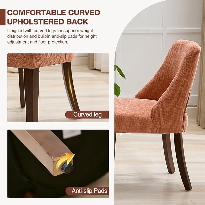 UVV Wooden Dining Chairs Set of 4, Mid Century Modern Upholstered Dining Room Chair Kitchen Chairs, Chenille Dinner Chair with Solid Wood Legs for Kitchen Dining Room, Orange-Chenille