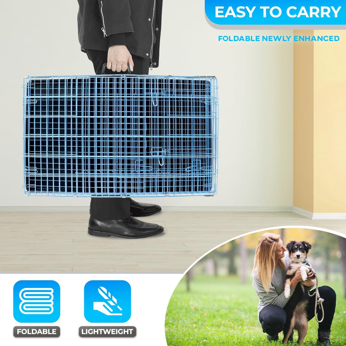 FDW Dog Crate for Medium Dogs 30 Inch Folding Metal WirePet Cage Double Door W/Divider Panel Indoor Outdoor Kennel Leak-Proof Plastic Tray,Blue