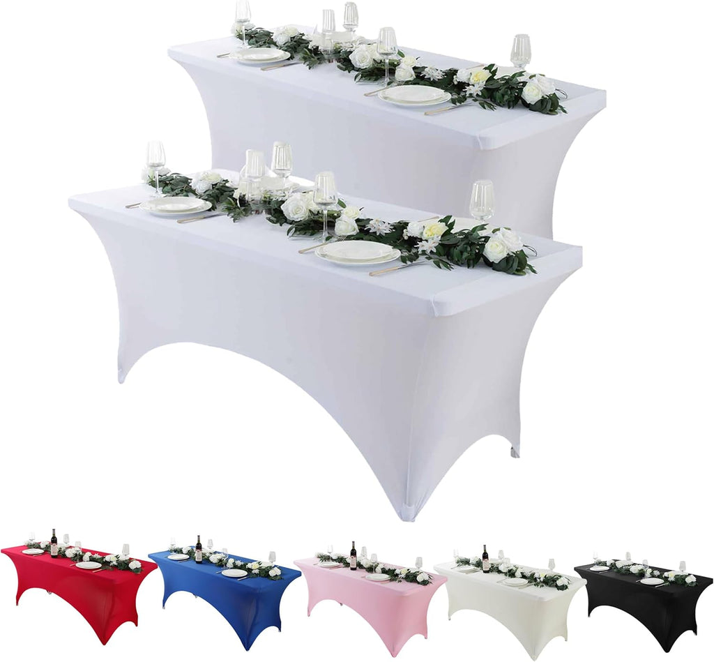 Craft And Party 2 Pack 8ft White Spandex Tablecloth – Fitted Stretch Cover – Universal Fit for Folding Tables – Wrinkle-Free, Washable – Ideal for Parties, Weddings, Events