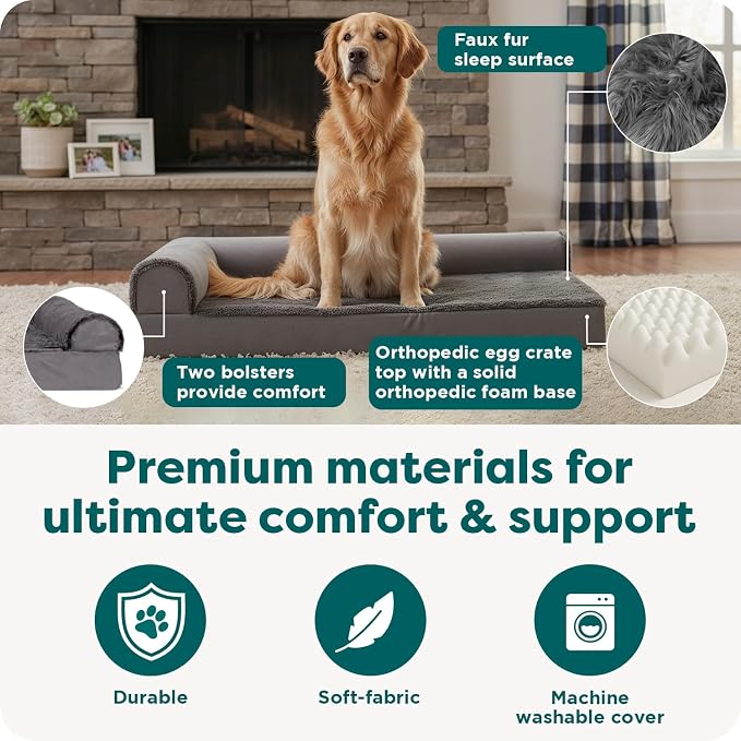 FurHaven Orthopedic Dog Bed for Large Dogs, L-Shaped Chaise Mattress with Orthopedic Egg Crate & Solid Orthopedic Foam Base for Joint Support, Washable Cover, Jumbo XL, Plush & Velvet, Platinum Gray