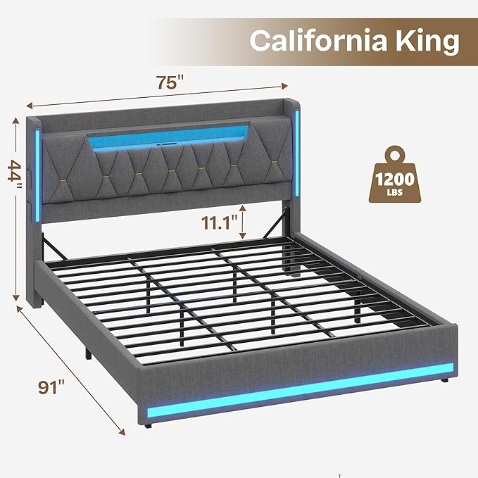 California King Bed Frame, Platform Bed Frame with Storage Headboard and LED Lights, Upholstered Headboard & Charging Station,Metal Support,No Box Spring Needed, Noise-Free, Easy Assembly, Gray