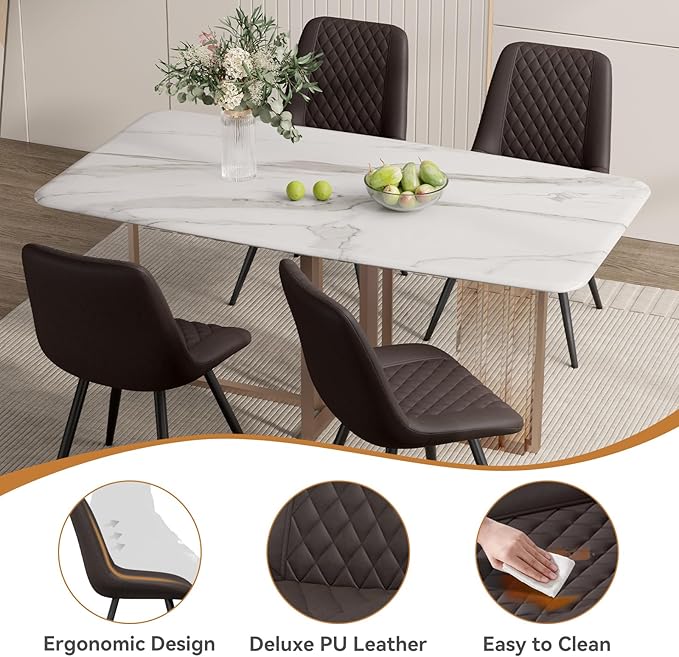 Modern Dining Chairs Set of 2, Top PU Leather Upholstered Dining Room Chairs with Metal Legs, Ergonomic Kitchen Chairs for Kitchen Dinning Room, Dark Brown