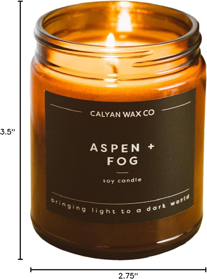 Calyan Wax Co. Aspen & Fog Scented Candle - 57 Hour Burn - Luxury Non Toxic Soy Wax Candles - Long Lasting Amber Glass Jar Candle for Home - 7.2oz