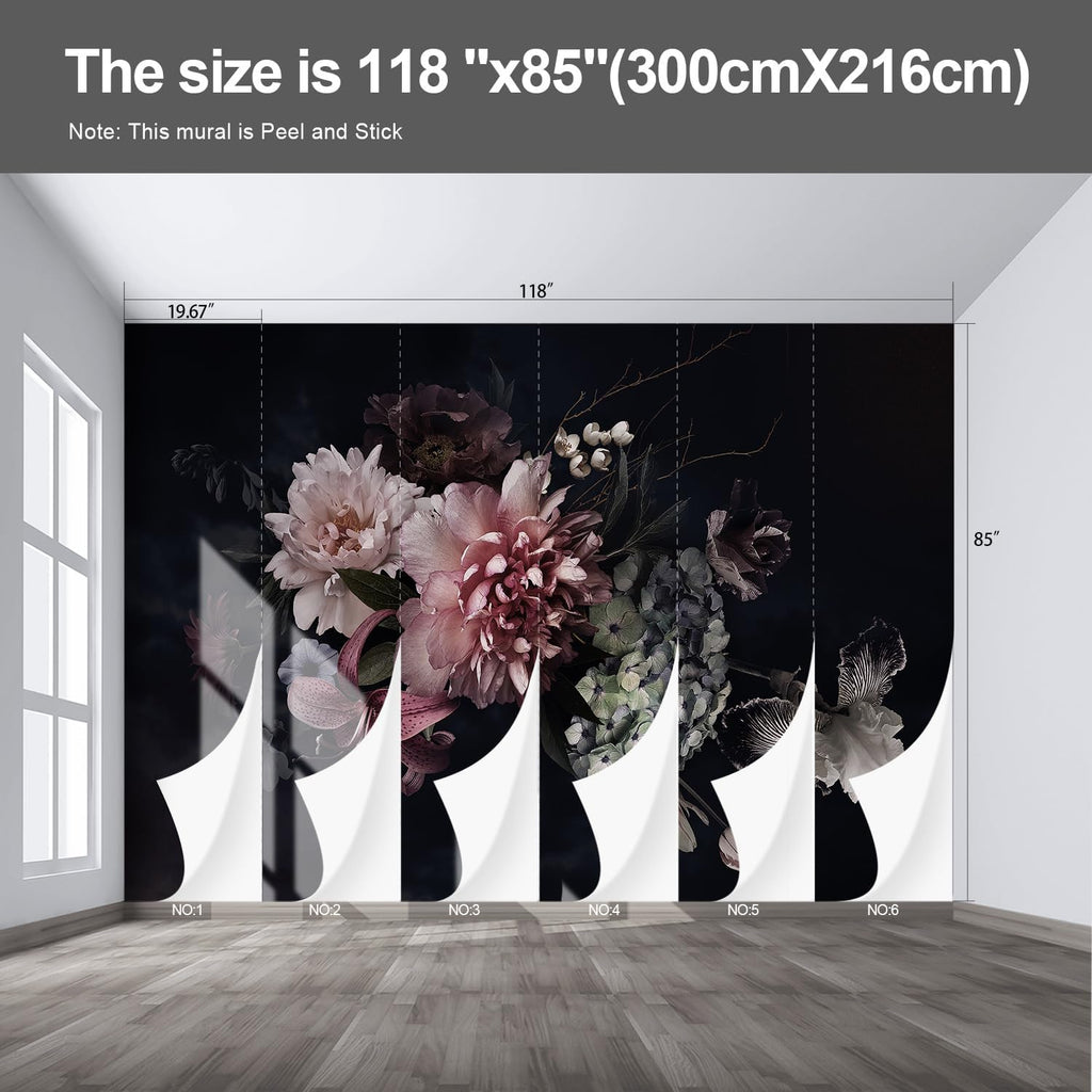 Black Floral Wall murals Peel and Stick Flowers Wallpaper for Bedroom Living Room - 85"x118"