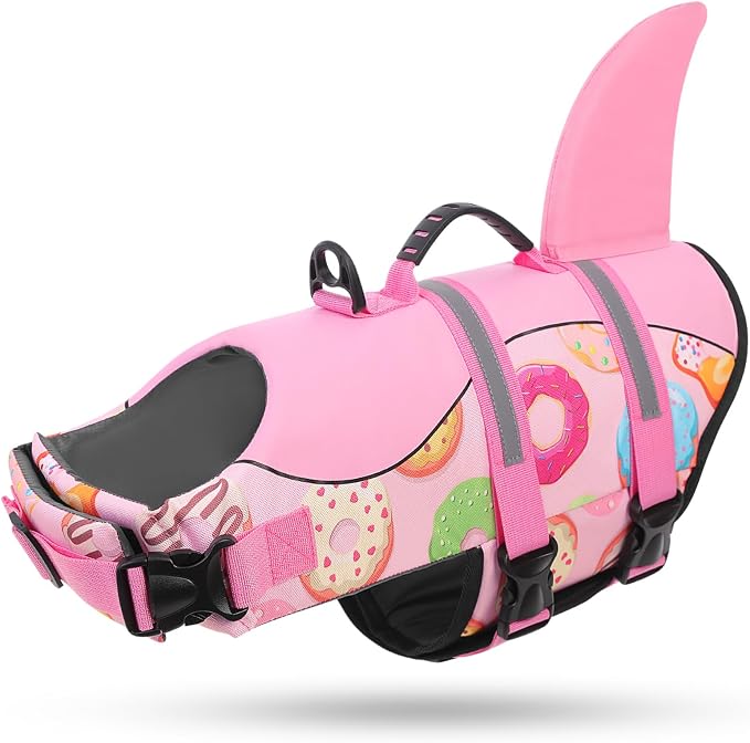 Dog Life Jacket, Dog Life Vest for Swimming, Medium Dogs Shark Swimming Safety Vest Adjustable Preserver with High Buoyancy, Pet Lifesaver for Medium Dogs, Pink Donut M