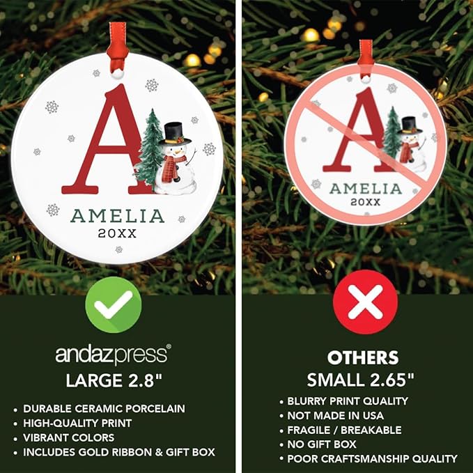 Andaz Press Personalized Christmas Ornament, Custom Name Initial A Monogram Snowman 2.8" Ceramic Porcelain 2025 Christmas Ornament For Kids Boys Girls 1-Pack Initial Ornaments Name Ornaments Christmas
