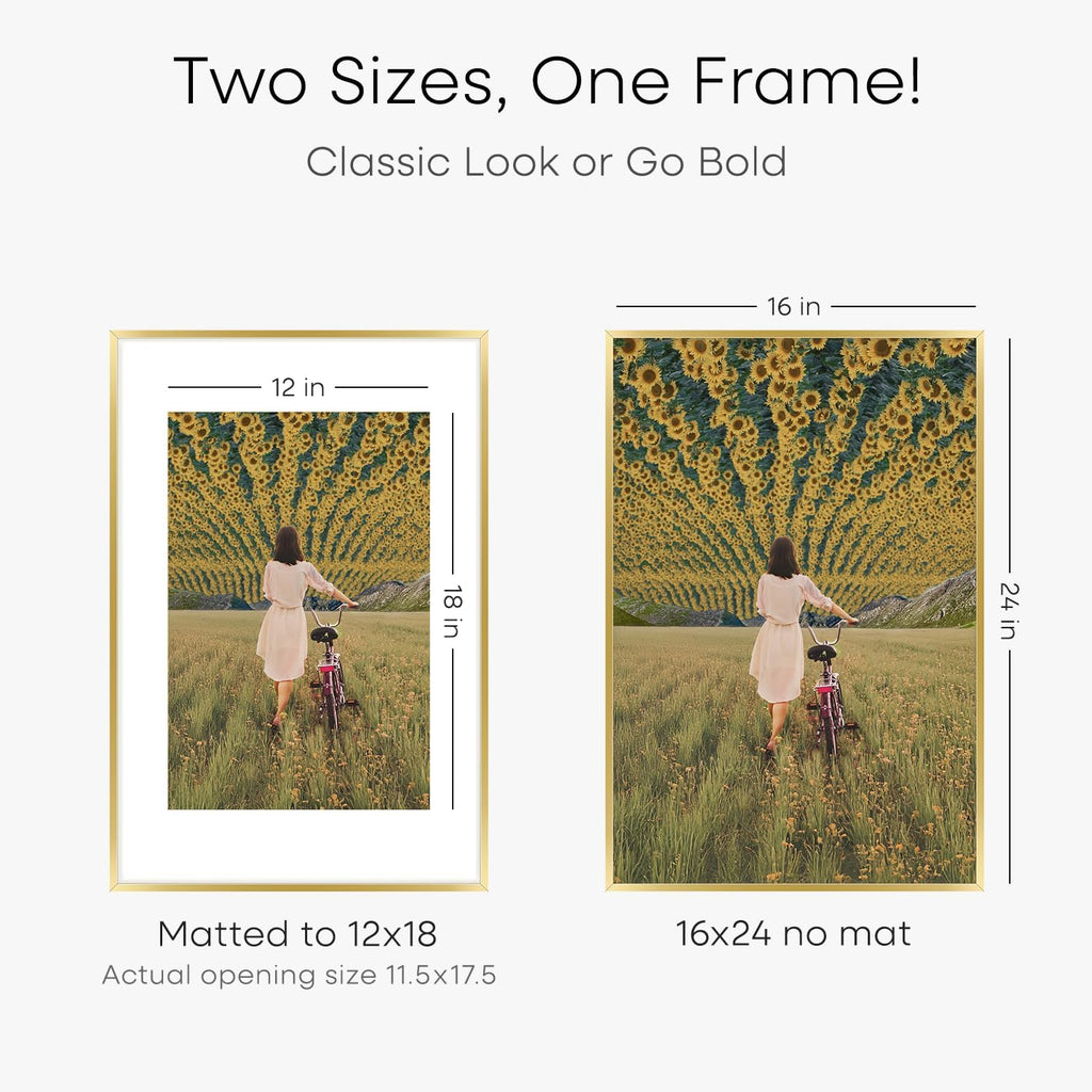 Homeforia 16 x 24 Picture Frame Gold, High End Metal 16x24 Poster Frames with Mat 12x18 Photo, 16 x 24 Gold Frame Matted to 12 by 18 Print, 24x16 Thin Hanging Frame, Tempered Glass, Wall Kit, Set of 1