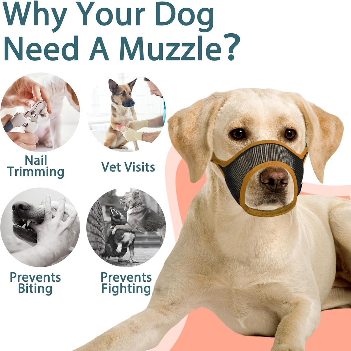 LUCKYPAW Dog Muzzle, Mesh Muzzle for Large Medium Small Dogs, Soft Mouth Guard for Biting Chewing, Breathable Mouth Guard with Adjustable Strap for Training(Brown, S(Snout:7.75"-8.75"))