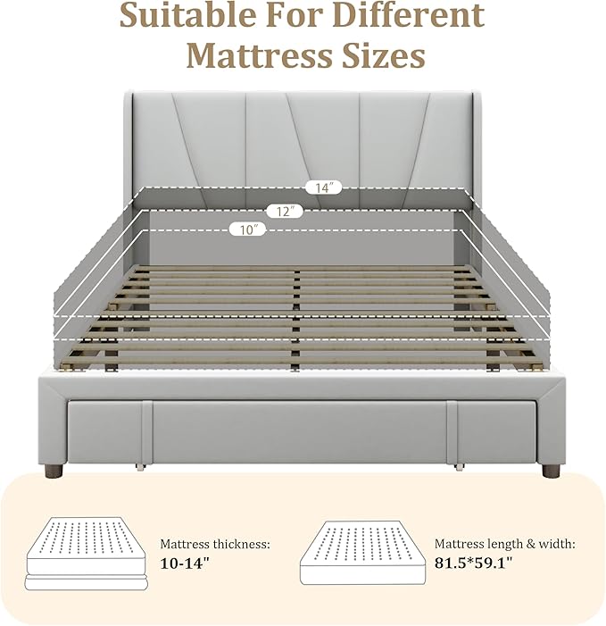 Queen Bed Frame with Storage Drawers, Upholstered Queen Size Platform Bed with 47" Tall Headboard and Wingboard, No Box Spring Needed, Noise Free, Easy Assembly, Wooden Support Slats, Light Grey