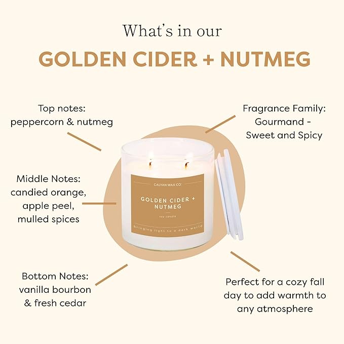 Calyan Wax Co. Golden Cider & Nutmeg 2 Wick Scented Candle - 37 Hour Burn - Luxury Non Toxic Soy Wax Candles - Long Lasting Large Glass Jar Candle for Home - 8.8oz