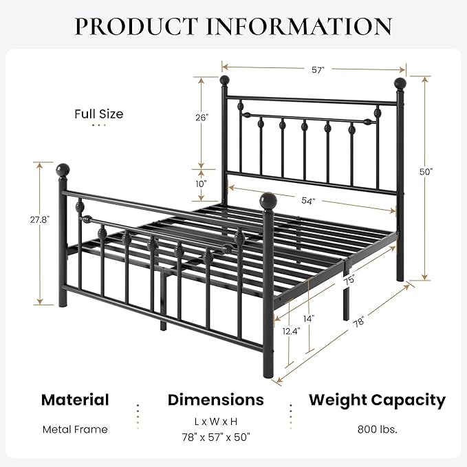 SHA CERLIN 14'' Full Size Metal Platform Bed Frame/Victorian Headboard and Footboard/Steel Slats Mattress Foundation for Storage/No Box Spring Needed/Noise Free/Black