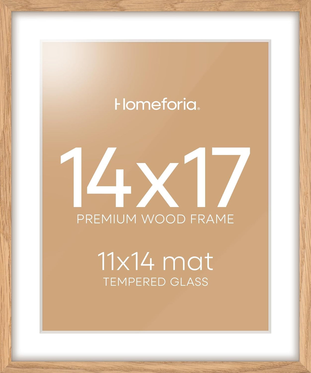 Homeforia 14x17 Natural Oak Wood Picture Frame with 11x14 Mat, Tempered Glass, Wall Hook Included