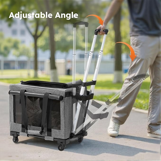 Pecute Cat Carrier with Wheels,Steel Wire Frame Cat Carrier, Stable Pet Trolley Bag for Cats, Pet Handbag and Stroller Bag, Portable Cat Carrier Bag for Car Travel Bus Subway, L, Grey