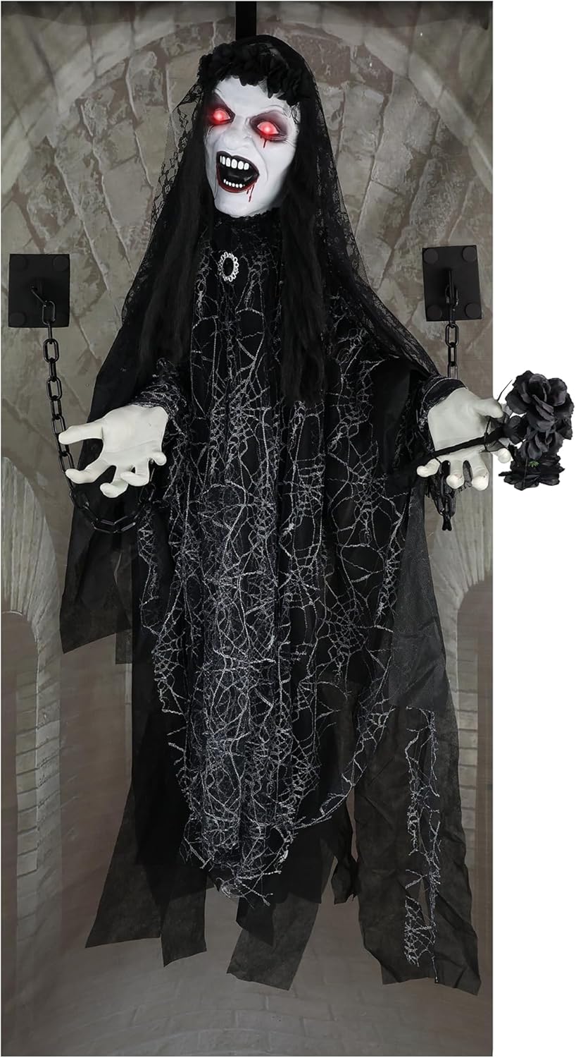 Haunted Hill Farm Animatronic Scary Demon Widow Door Greeter with Touch Activated Lights and Sound, Battery-Operated Indoor or Covered Outdoor Halloween Decoration