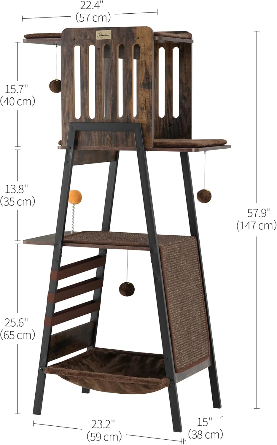 FourFurPets Modern Cat Tree, 58-Inch Cat Tower for Large Cats, Maine Coon Cat Tree with Scratching Board, Large Perch, Hammock and Removable Pads, Rustic Brown