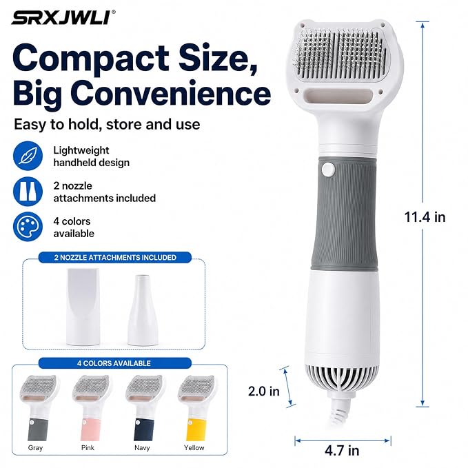 3 in 1 Pet Hair Dryers And Comb Brush High Velocity Blower for Dog Grooming | Portable Quiet Handheld Slicker with Steam Deshedding Intelligent Airflow System for Cats, Puppies and Professional(Blue)