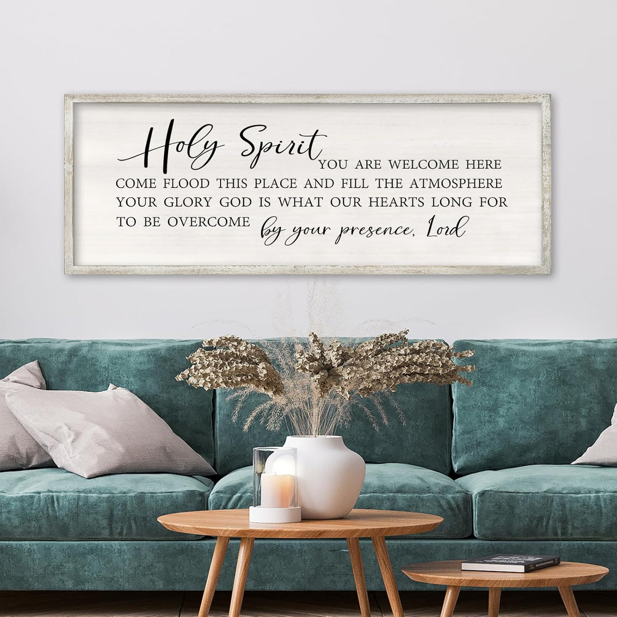Holy Spirit You are Welcome Here Wall Decor Art 32x12 Inch Large Christian Song Bible Verse Plaque Wood Framed Sign Living Room Scripture Quote Religious For Office Wall Hanging (White)