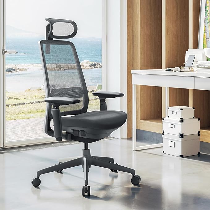 COLAMY Ergonomic Office Chair, High Back Computer Executive Desk Chair with Lumbar Support, Adjustable Headrest and 4D Arms, Slide Seat-BlackGrey