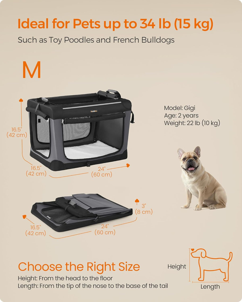 Feandrea Collapsible Dog Crate, 24-Inch Portable Dog Travel Crate for Small Dogs, Oxford Fabric Pet Carrier with 4 Mesh Doors, Handles, Storage Pocket, Water Bottle Holder, Ink Black UPDC016B01