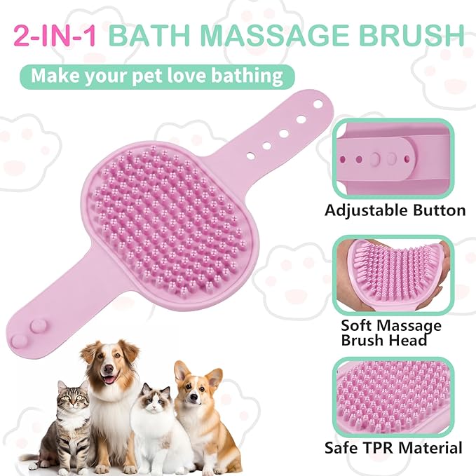 Dog Bath Supplies, 6PCS Bath Grooming Kit with Storage Bag - Self Cleaning Slicker Brush, Shampoo Brush & Scrubber, Dog Grooming Gloves for Short & Long Haired Dogs & Cats (Pink)