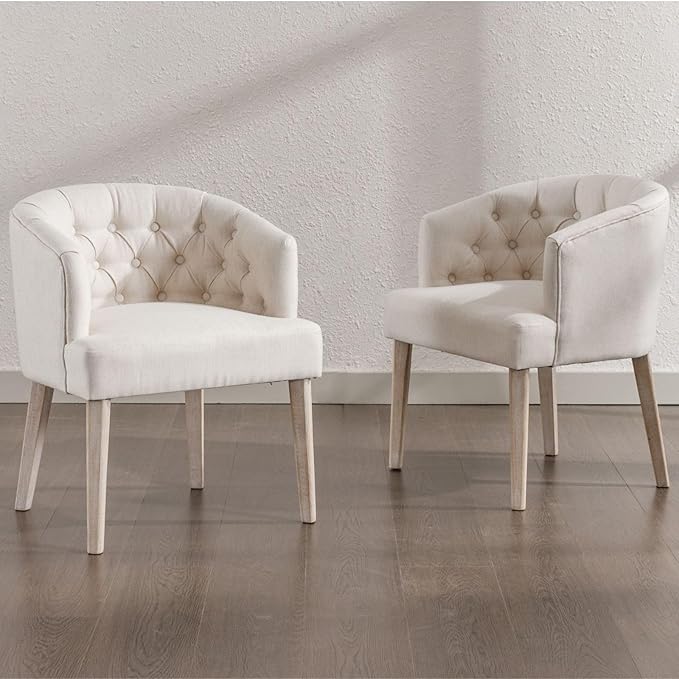 DUOMAY Modern Tufted Dining Chairs Set of 8, Linen Upholstered Side Chair, Comfy Accent Barrel Chair with Wood Legs for Home Kitchen Dining Room Living Room Restaurant, White