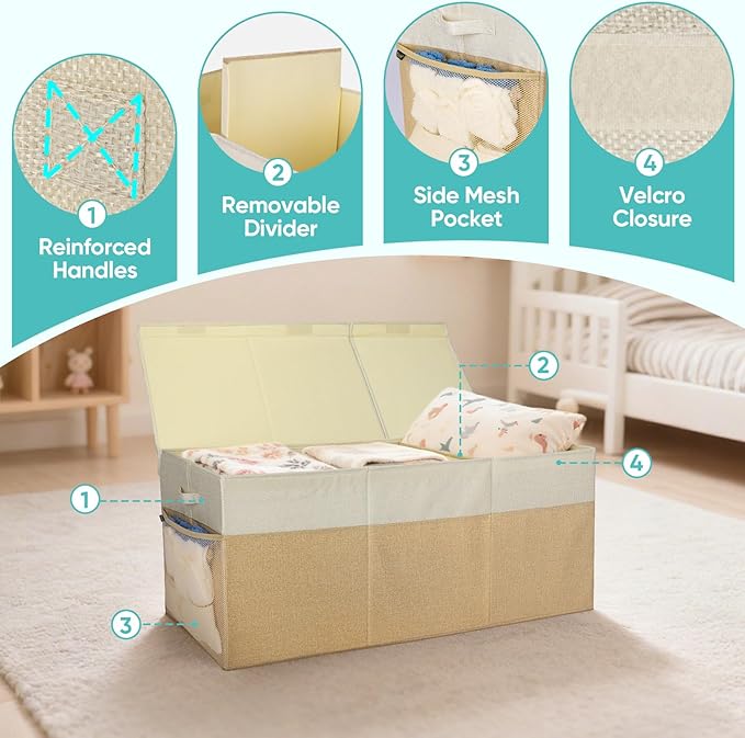 BALEINE Fabric Storage Bins with Lid, Collapsible Extra Large Storage Boxes Bins Baskets with Divider for Home Organizing (37.5"x13"x16", Grey&Beige)