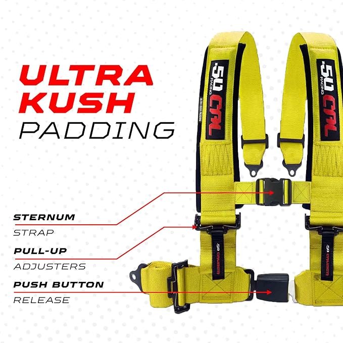 1pc 50 Cal Yellow 4 Point Harness 3in Straps, Racing Harness Seat Belt | Ultra Kush padding, Push Button quick release hardware. Universal Fit for UTV, RZR, race car.