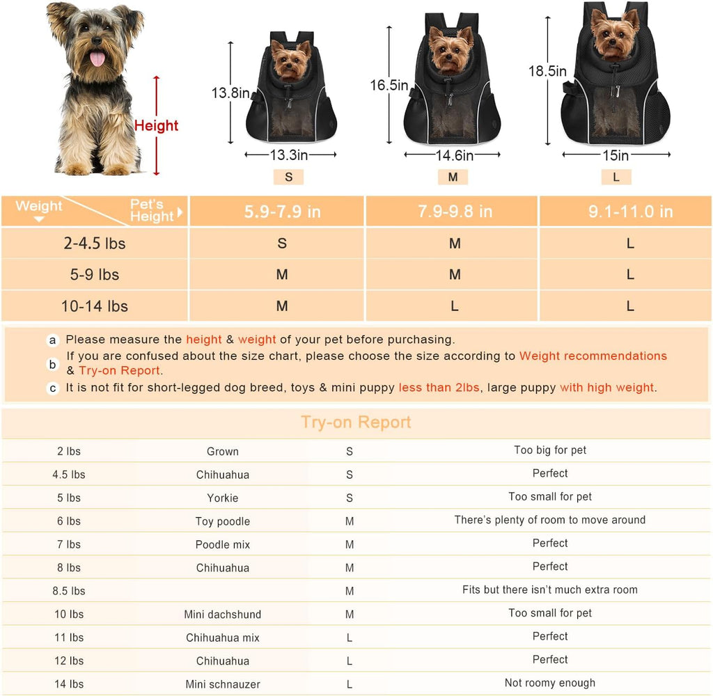 WOYYHO Pet Dog Carrier Backpack Small Dog Front Backpack Ventilated Mesh Dog Travel Back Pack with Safety Belt for Travel Hiking Cycling Outdoor Adventures (Size M: 5-9 lbs, Black)