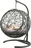 Hanging Cat Swing Bed with Stand & Cushion | Rattan Wicker Egg Chair for Cats, Small Dogs & Pets, Indoor Swinging Bed, Cozy Resting Spot, Modern Design