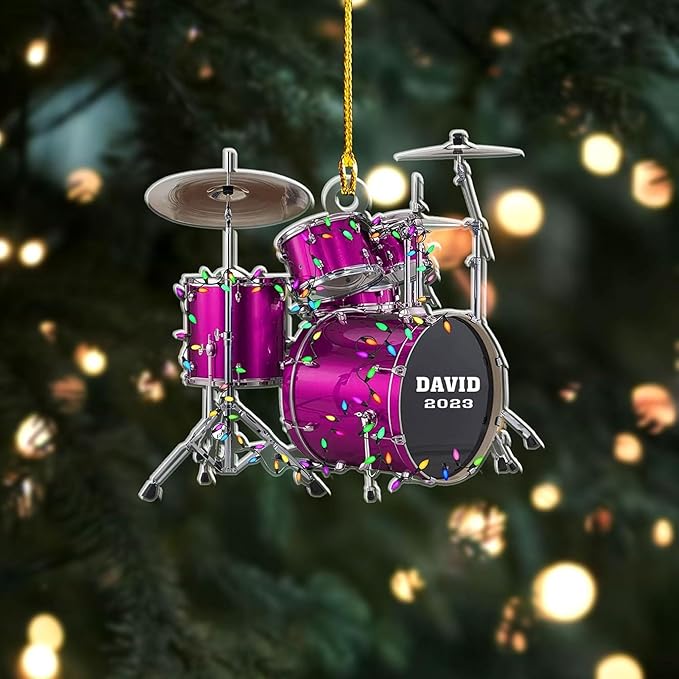 NAZENTI Drum Ornament, Custom Music Christmas Decor, Personalized Percussion Holiday Acrylic Piece, Player Silhouette Hanging Gift, Band Keepsake