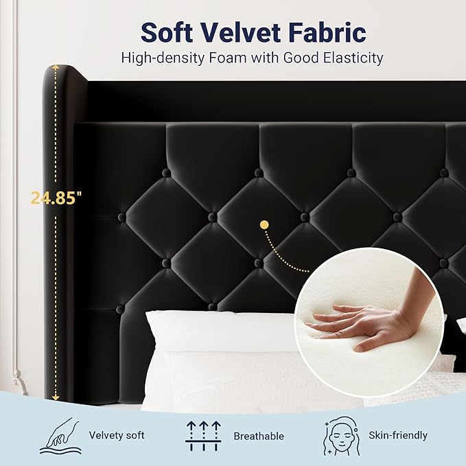 Allewie Queen Size Bed Frame, Storage Headboard with Charging Station, Wingback Velvet Upholstered, Diamond Stitched Button Tufted, Sturdy Wooden Slats, No Box Spring Needed, Easy Assembly, Black