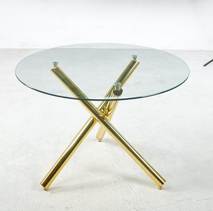 43.3" Round Glass Dining Table for 6, Modern Clear Glass Kitchen Table for 6 with Gold X Metal Legs, Contemporary Small Circle Dining Room Leisure Tables for Kitchen Apartment