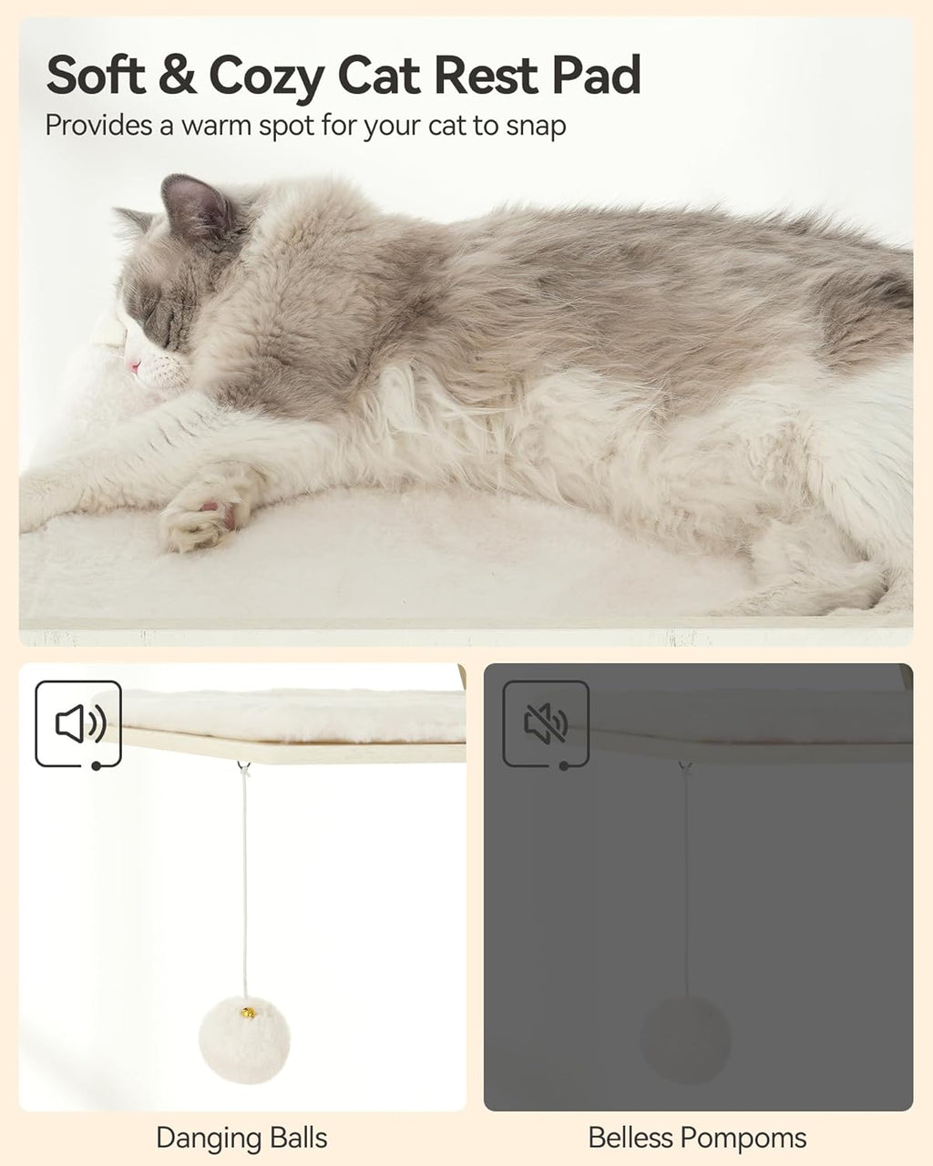FourFurPets 72.4" Cat Tree, Modern Cat Tower for Indoor Cats, Multi-Level Cat Condo with Caves, Tall Cat Tree with Cat Scratching Board, Wooden Cat Tower with Large Perch, Removable Pads, White