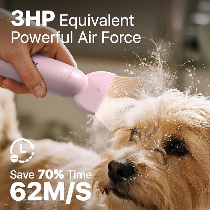 Dog Blow Dryer for Pet Grooming Handheld Lightweight Dog Cat Hair Dryer 3 Speeds 4 Temp, Portable 3HP High Velocity Pet Blower Quiet Dryer for Travel Campaign Home, with 3 Nozzles, Pink