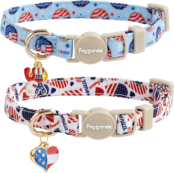 Faygarsle 2 Pack Patriotic American Flag Dog Collar Pattern Cat Collars Breakaway Safety Collar with Bell Spring Summer Design for Girl Cats, Red White Blue