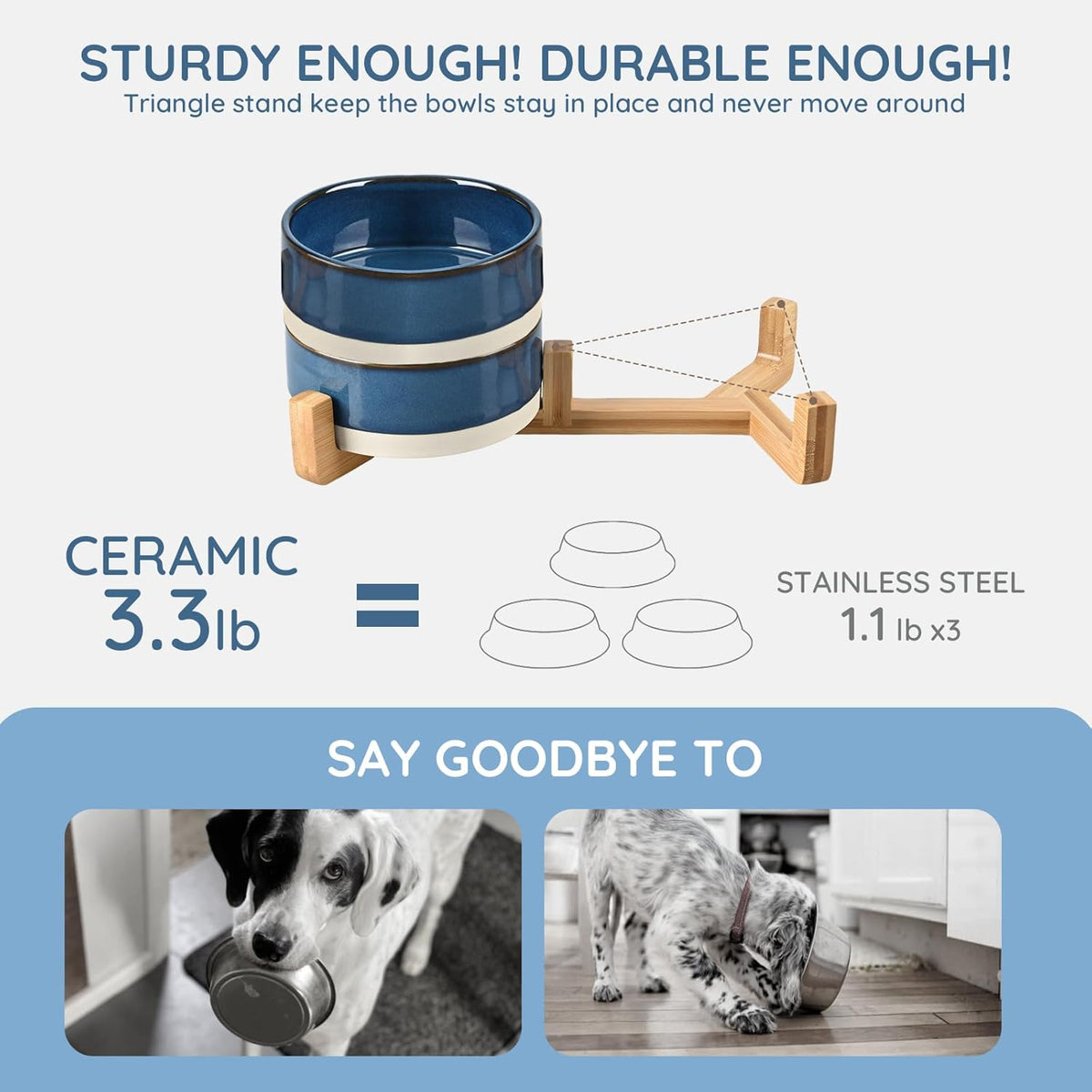 SPUNKYJUNKY Ceramic Dog and Cat Bowl Set with Wooden Stand, Modern Cute Weighted Food Water Bowl Set for Small Size Dogs (1.7 Cups, 2 × Pattern Blue)