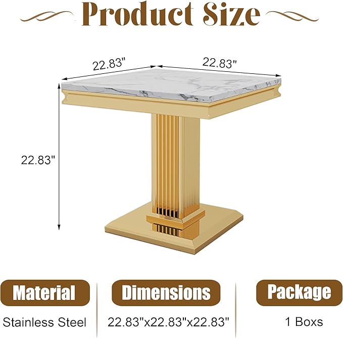 Faux Marble End Table, White Square Side Table with Golden Pillar Stainless Steel Base, Modern Accent End Table for Living Room, Office, Easy Assembly