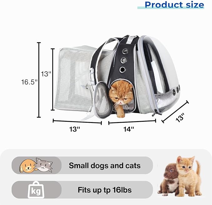 Lollimeow Cat Carrier Backpack, Bubble Dual Expandable Backpack Carrier, Pets and Small Dogs,Airline-Approved, Designed for Travel, Hiking, Walking & Outdoor Use (Dual Expandable-Black)