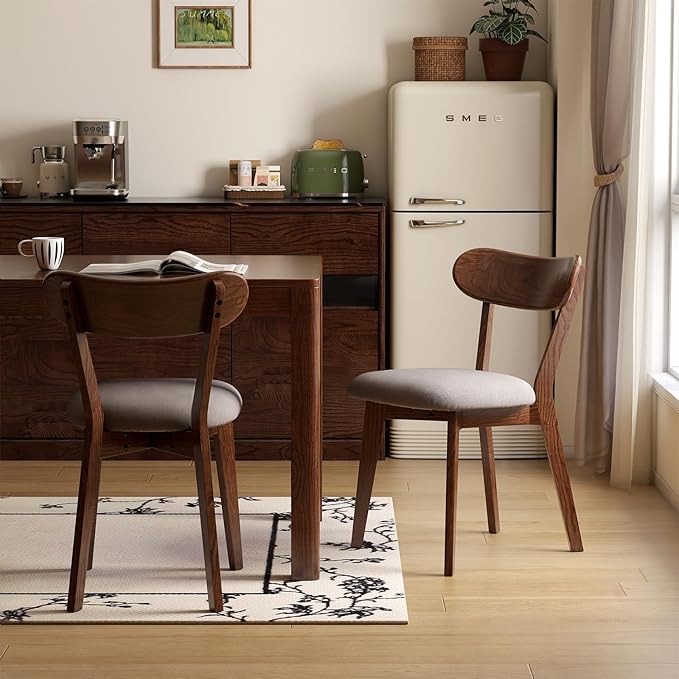 100% Solid Wood Upholstered Dining Chairs, Mid Century Modern Oak Dining Chairs with Curved Back Design with Butterfly Wing Shape for Kitchen, Dining Room, Restaurant (2PK, Walnut Color-Gray Cushion)