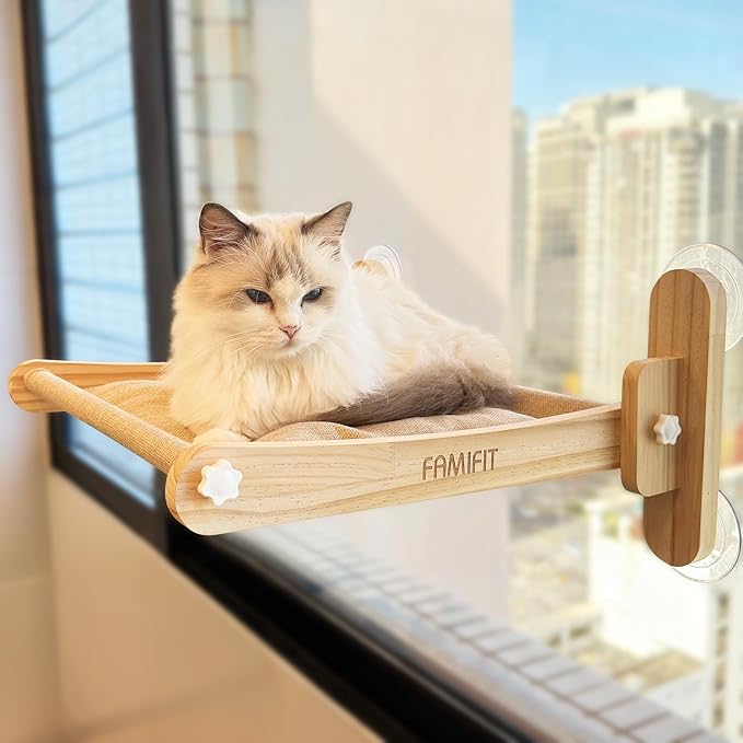 Foldable Cat Window Perch - Natural Pine Cat Sill Seat, 50LBS Heavy Duty Cordless Design, Space-Saving No-Scratch Window Hammock for Indoor Cats