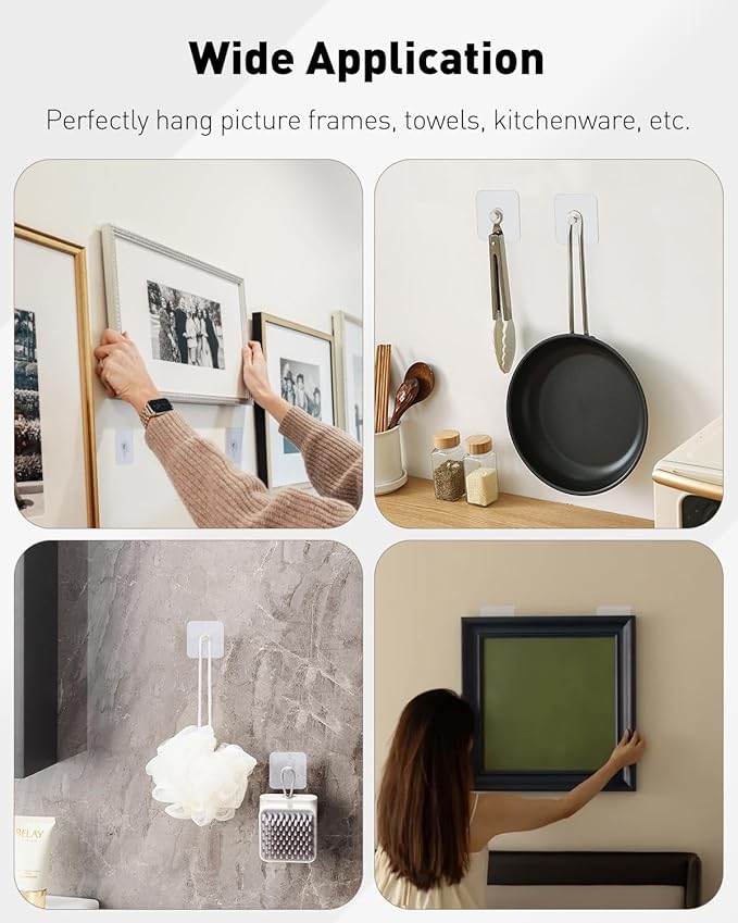 Uniclife 30 Pcs Self Adhesive Picture Hooks 40 lbs Load 2.64" Heavy Duty Picture Hangers Without Nails Adhesive Wall Hooks for Hanging Transparent Waterproof Frame Hangers Sticky Hooks for Bathroom