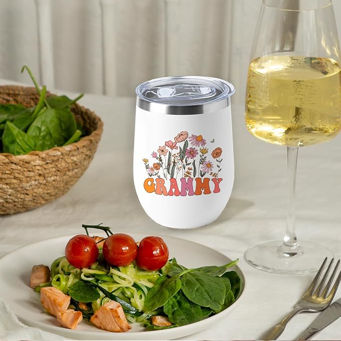 Grammy Grandma Birthday Gifts Wine Tumbler 12 oz Insulated Wine Glass Cup with Lid Straw Vacuum Insulated Travel Cup, Grandma Gifts from Granddaughter for Women Grandmother Christmas Mothers Day
