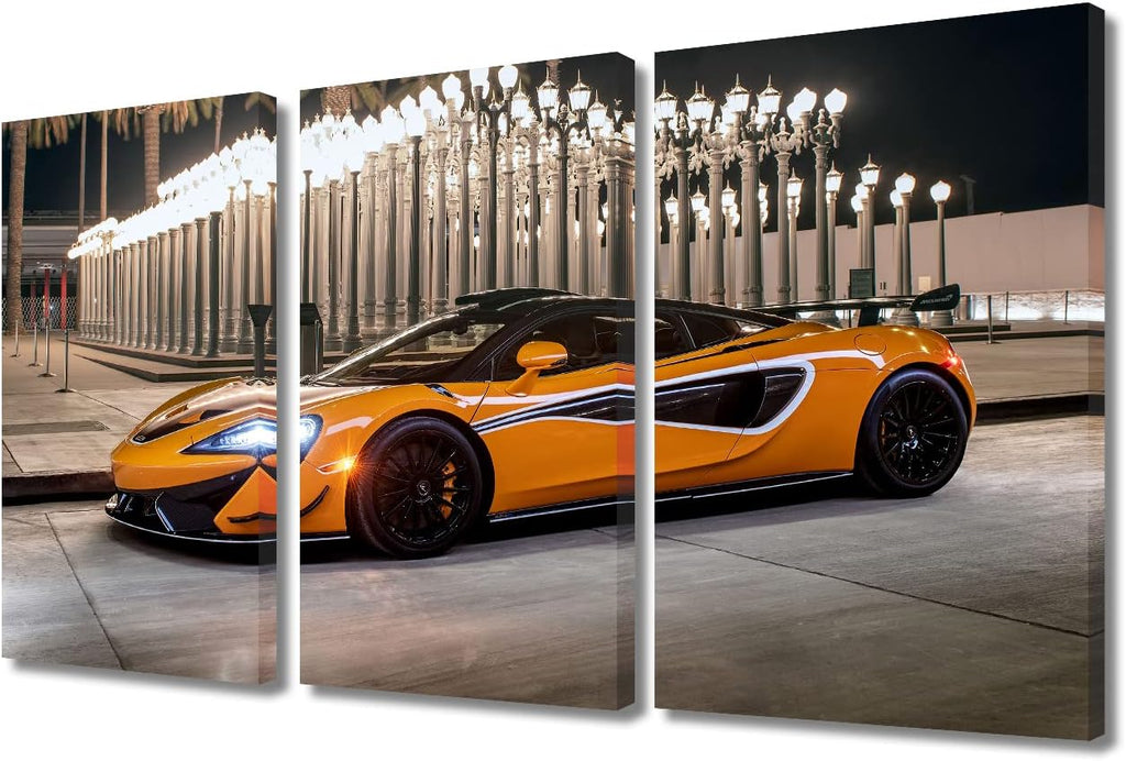 TUMOVO Wall Art for Living Room Orange Sports Car Under the Lights Canvas Supercar Speed Landscape Contemporary Posters Prints Artwork Ready to Hang Bedroom Office 36''Wx24''H
