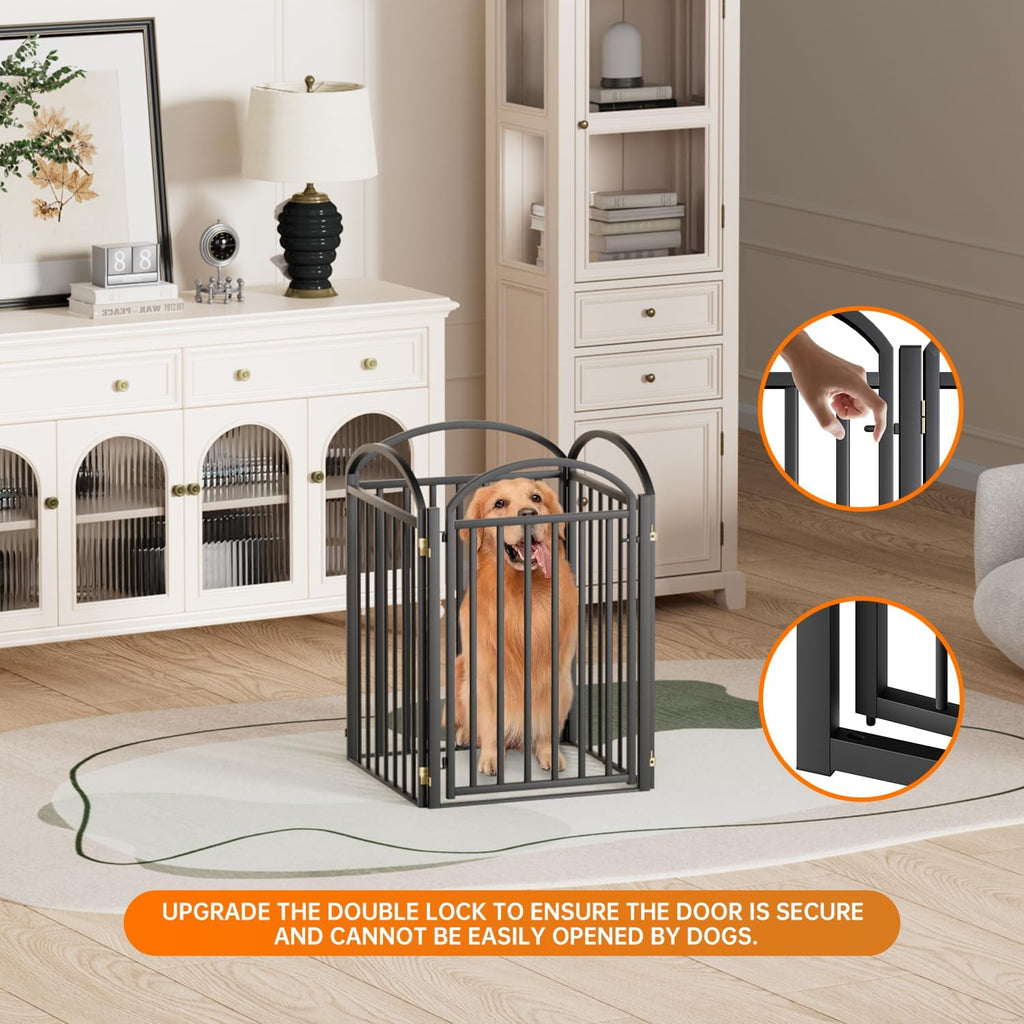 4 Panles Full Matel Freestanding Dog Gates with Door, 96"Extra Wide 32"Tall Free Standing Dog Pet Gate for Indoor & Outdoor. Foldable Pet Fences for Doorways, House, Stairs, Porch, Deck, Yard